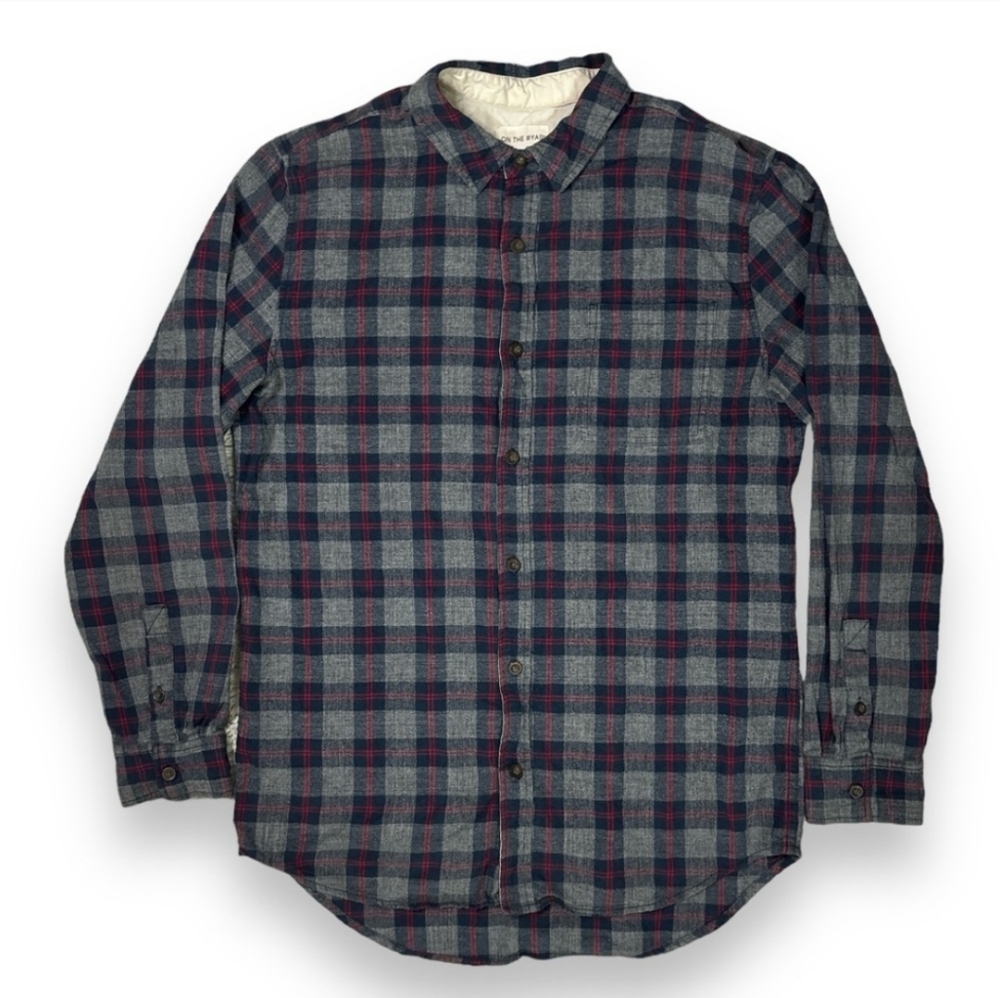 ON THE BYAS Men's Gray Plaid Long Sleeve Button Down Flannel Shirt